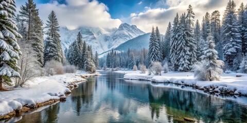 Fototapeta premium Winter river in forest with snow-covered mountains and trees, winter, river, forest, snow, mountains, trees, cold, serene