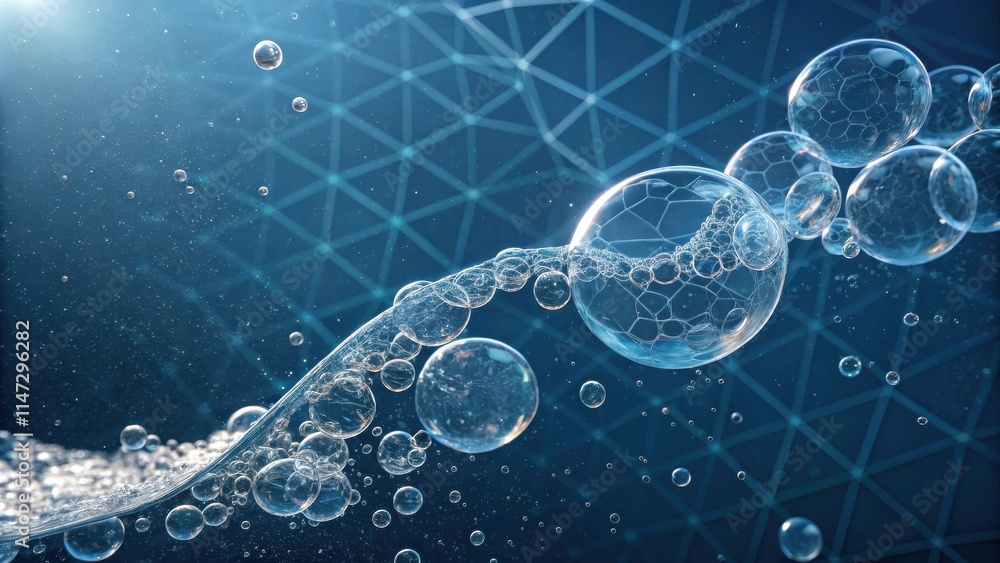 Poster A delicate web of interconnected bubbles floats in a deep blue, sparkling with ethereal light.