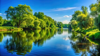 Fototapeta premium Summer landscape on the river bank with vibrant green trees, clear blue sky, and calm water , sunny, river, bank, landscape, green