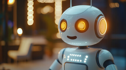 Robot with glowing eyes engaging with people at nighttime event.  