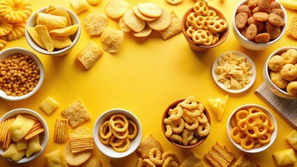 Assorted golden, crispy snacks on a vibrant yellow background , Snacks, golden, crispy, variety, vibrant, yellow, food