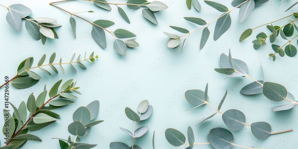 Poster a flat lay featuring eucalyptus branches arranged in a frame around a pastel blue background, creati