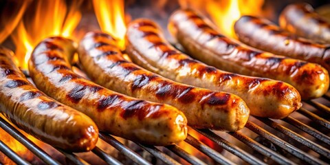 Grilled bratwurst sausages sizzling on a hot grill with flames, BBQ, food, cooking, grilling, sausages, bratwurst, flames
