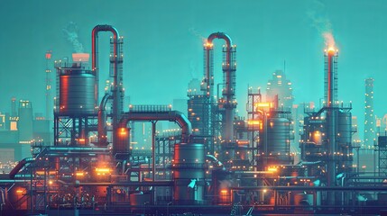 Fototapeta premium Nighttime Industrial Complex: Futuristic Refinery with City Skyline