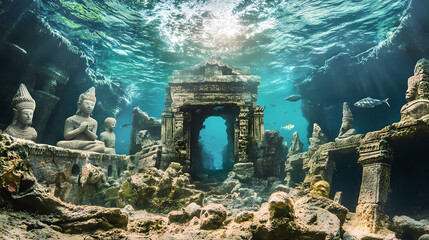 Fantasy illustration of underwater view of submerged ruins of ancient city with stone figurines and walls. Submerged. Illustration