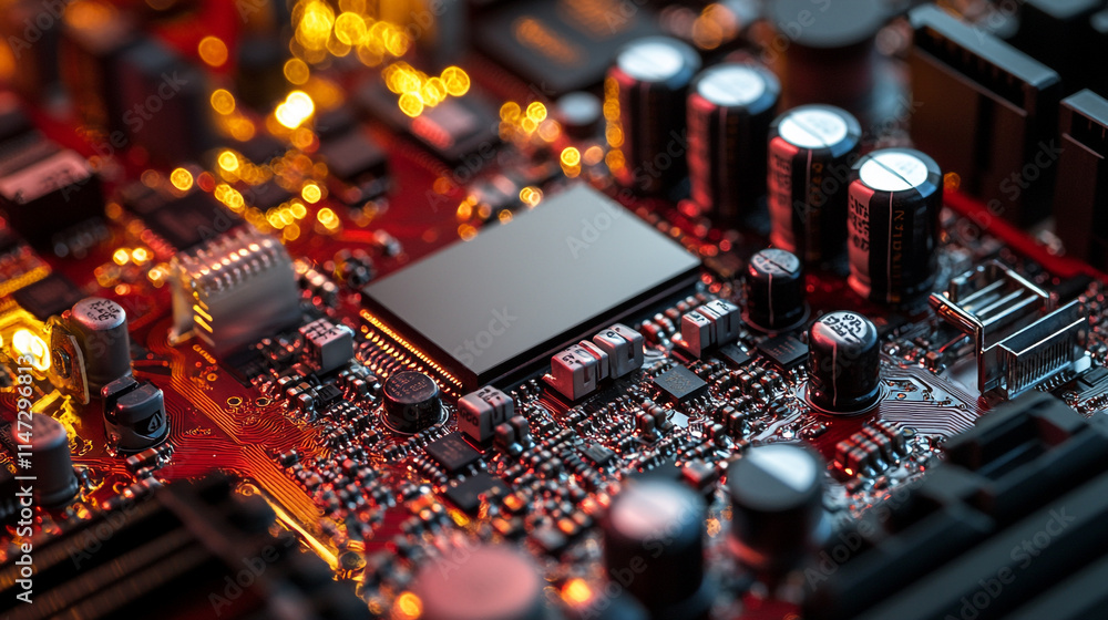 Poster close-up view of circuit board with components and orange led lights illuminating.