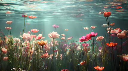 Flower field underwater, artistic depiction. Submerged. Illustration