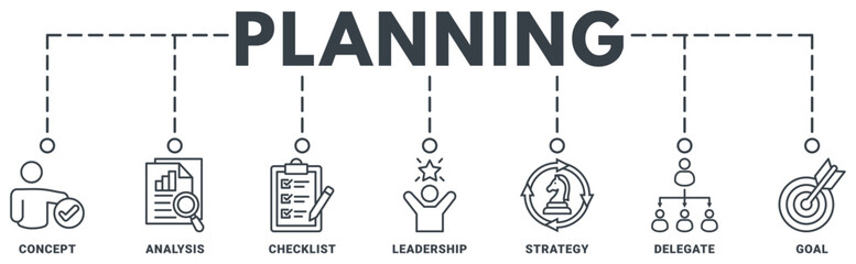 Planning banner web icon vector illustration concept with icon of concept, analysis, checklist, leadership, strategy, delegate, goal