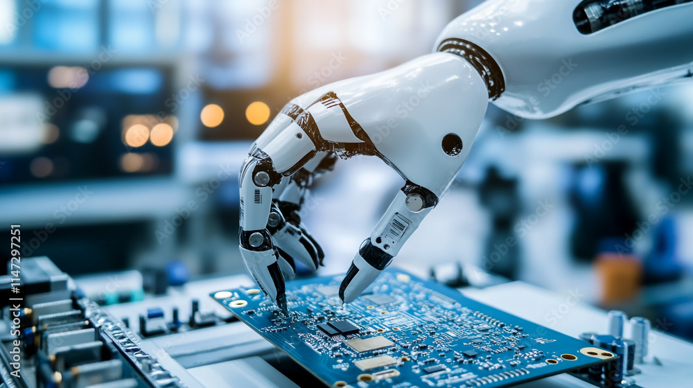Poster robotic hand assembling circuit board in a modern technology lab.