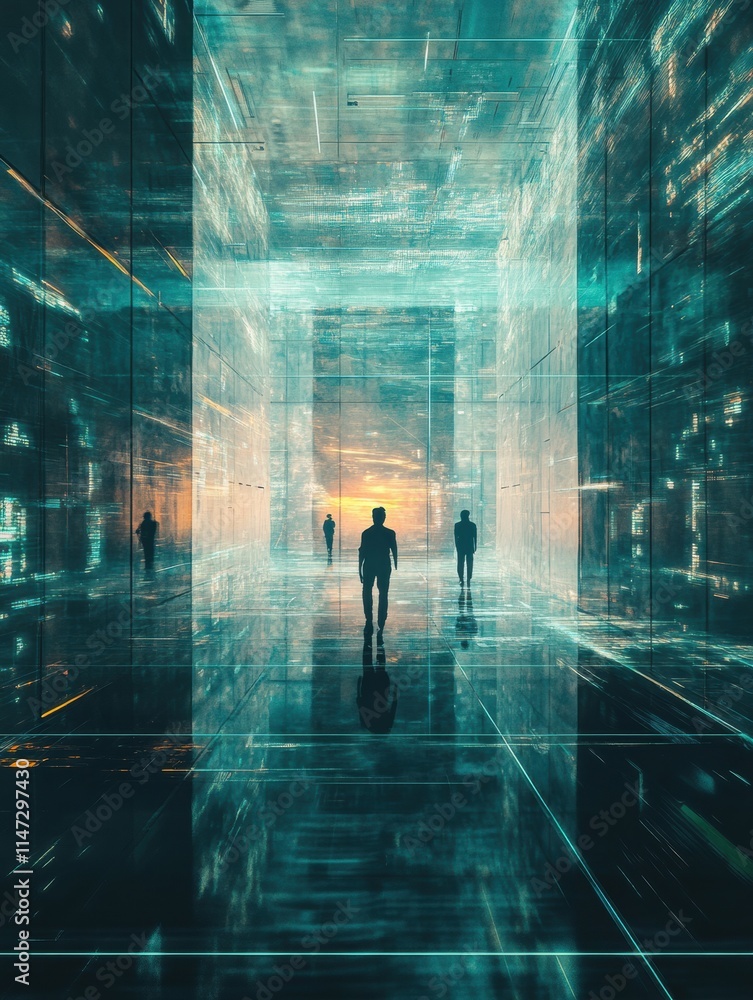 Aufkleber Visitors walk through a vast digital gallery showcasing intricate virtual artworks and lifelike avatars as they explore the immersive space. Generative AI