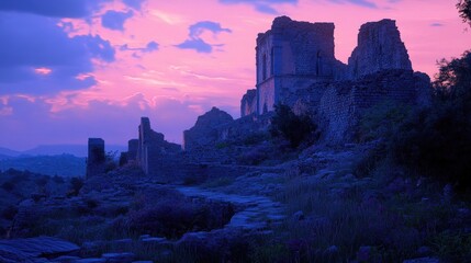 Enchanted Ruins at Dusk Under a Soft Purple Sky and Clouds