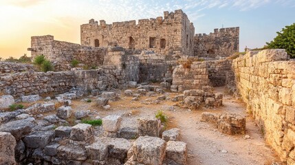 Ancient Ruins with Historic Stone Walls at Sunset in Mediterranean