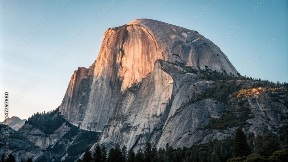 Poster a majestic granite monolith rises high against a backdrop of a clear, blue sky, its rugged surface i
