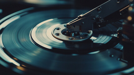 Vinyl record player spinning music in a dimly lit room.  