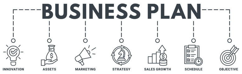 Action plan banner web icon vector illustration concept with icon of innovation, assets, marketing, strategy, sales growth, schedule, objective 