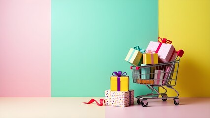 A shopping cart filled with colorful gift boxes and gradient background