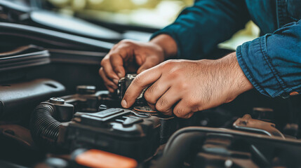 Close-up mechanic inspecting car engine part skilled hand highlighting repair work engineering precision automotive maintenance professional industrial photography illustration wall art advertising