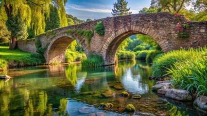 Fototapeta premium Medieval stone bridge over the tranquil river of the Garden of Ninfa in Italy, medieval, stone bridge, river, Garden of Ninfa