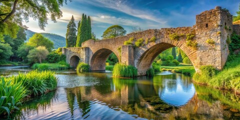 Fototapeta premium Medieval stone bridge over the tranquil river of the Garden of Ninfa, Italy , Medieval, stone bridge