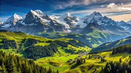 Fototapeta premium Panoramic view of Eiger, Monch, and Jungfrau mountains with lush green Alps surrounding Mannlichen , Switzerland