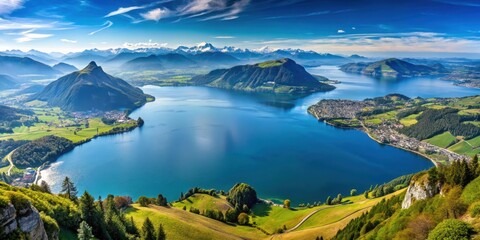 Panoramic view of Lake Lucerne, Rigi Kulm, Burgenstock, and the Alps from Pilatus mountain , Panorama