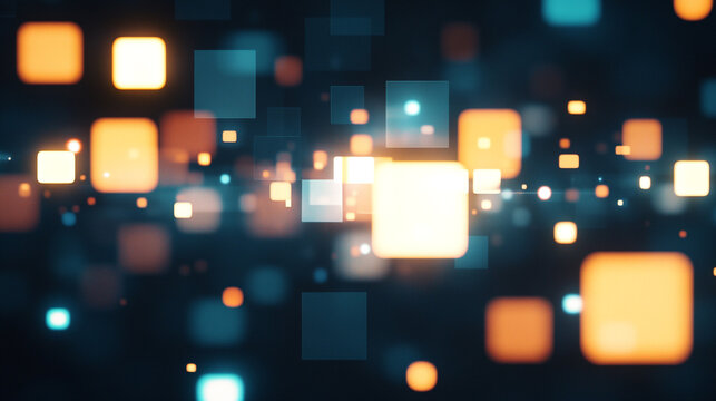 Vibrant digital squares floating in dark space create dynamic visual effects.  