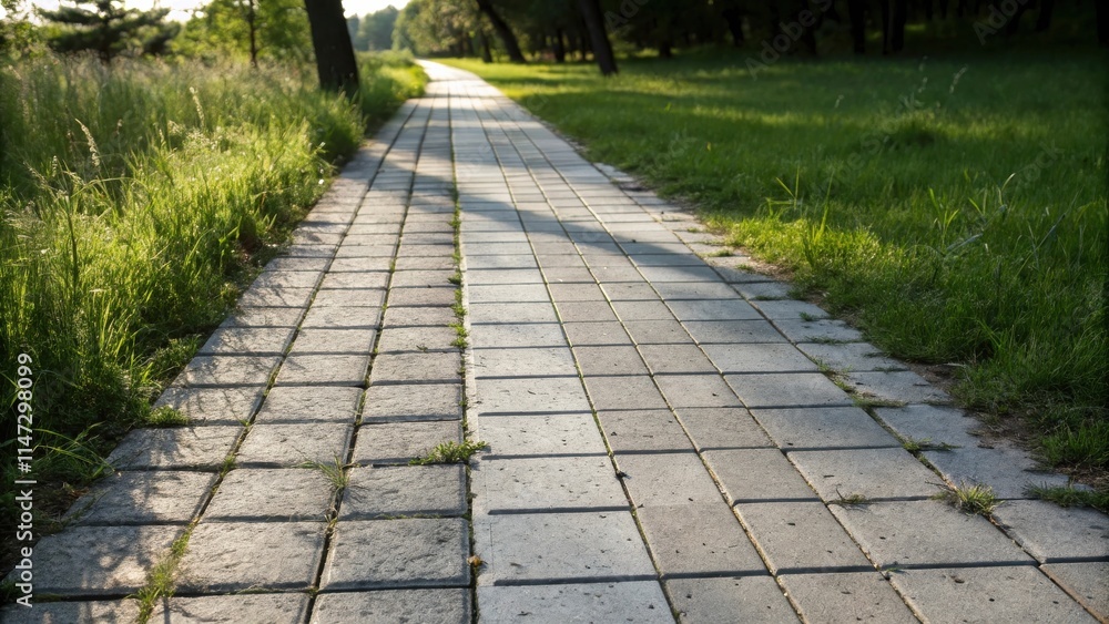 Aufkleber a concrete pathway through lush green grass, creating a tranquil scene for walking and reflecting