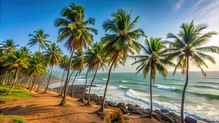 Fototapeta premium Palm trees swaying in the wind on the shores of Goa, India , palm trees, windy day, tropical, beach, coastline