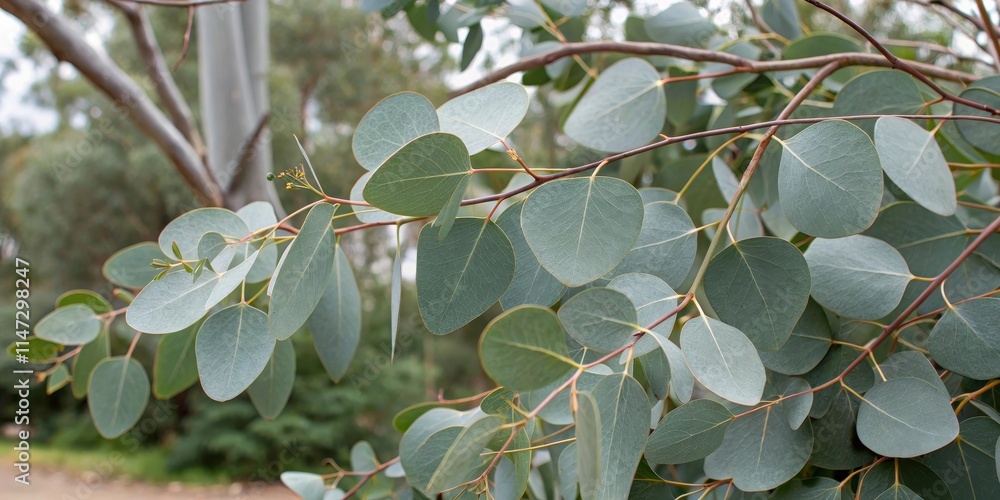 Poster close-up of eucalyptus leaves, showcasing their delicate texture and intricate veins, creating a vis