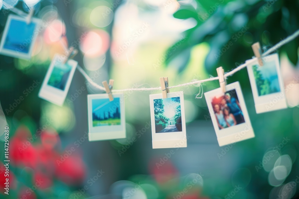Poster Polaroid photos hanging on string with clothespins in outdoor garden setting during a sunny day. Generative AI