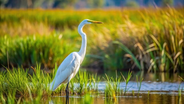 A Great Egret perching in grass at Sepulveda Basin Wildlife Reserve, Great Egret, Ardea alba