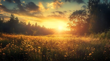 Golden Sunset over a Meadow.  Nature, Serenity, Tranquility