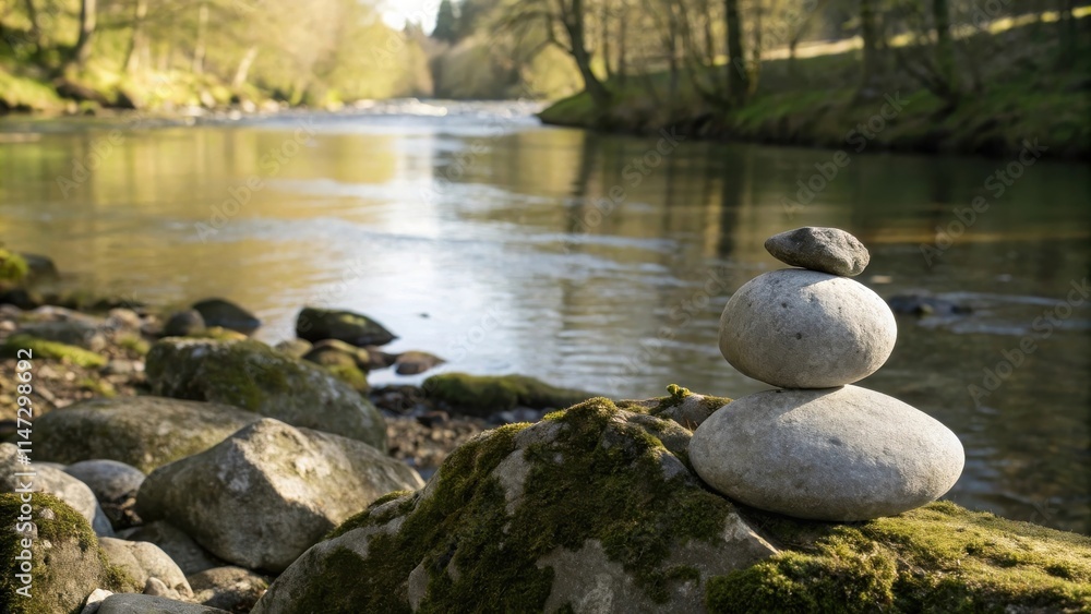 Poster a balanced stack of river rocks resting on a mossy boulder by a tranquil stream