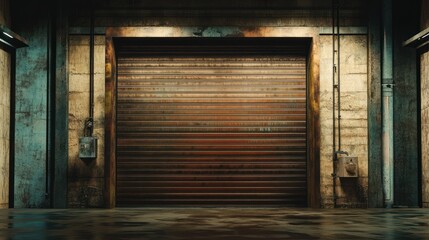 Rusty metal rolling door in a grunge industrial setting.