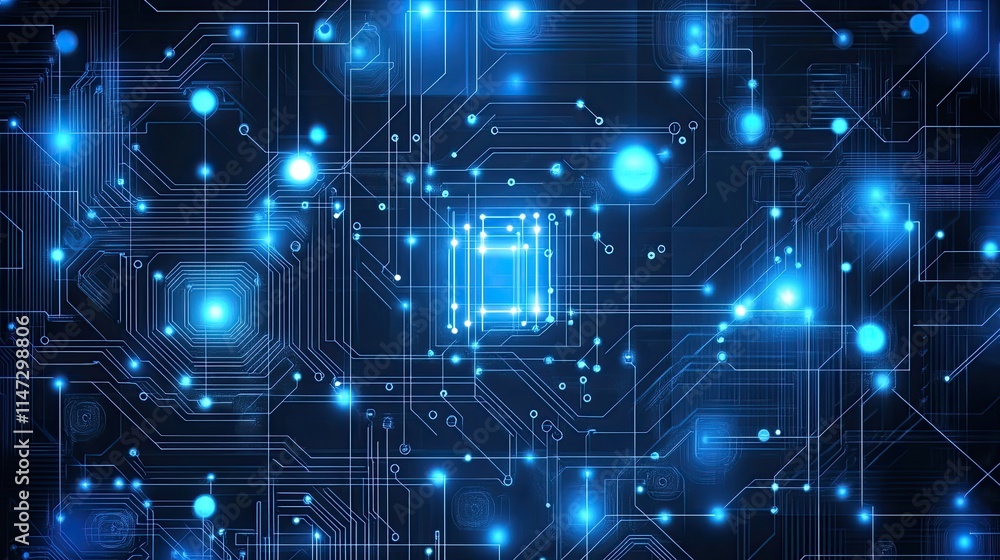 Poster digital circuit background with blue lights and networking elements