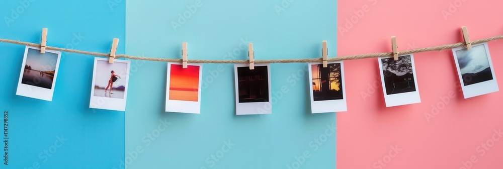 Poster colorful polaroid photos hanging on a string showcasing memories with ample copy space for creative 