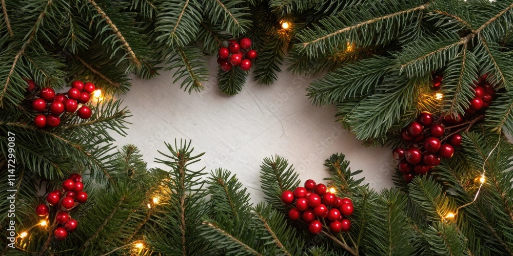 Poster a festive arrangement of evergreen branches adorned with red berries and twinkling lights, creating 