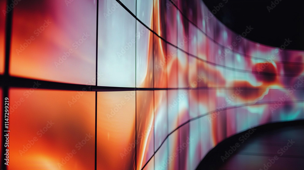 Poster Dynamic light display showcasing vibrant colors in a modern setting.  