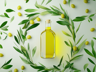 Top view of an olive oil bottle surrounded by green leaves and olives on a dark emerald background. This is a mockup template for design, print advertising, banner, poster, magazine concept artwork