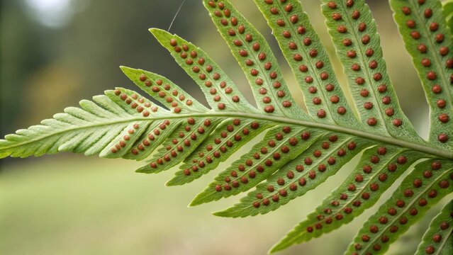 A close-up of a fern frond with brown spores in rows along the underside of the leaflets.