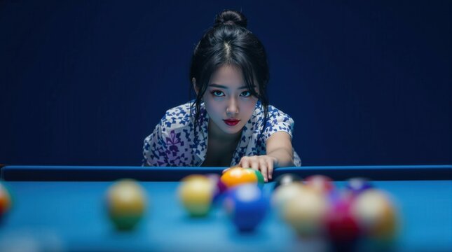 Woman leaning on a pool table with a focused gaze, creating a mysterious atmosphere, ideal for ads.