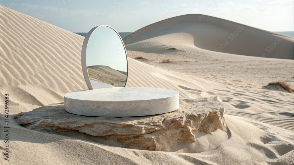 Aufkleber a minimalist display of a circular marble platform resting on a weathered rock in a sandy desert lan