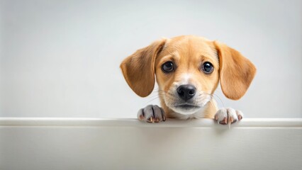 Pup peering curiously over edge, puppy, playful, cute, small, animal, dog, curious, looking, edge, investigating, furry