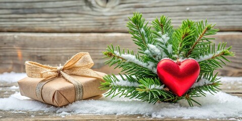 Gift-wrapped evergreen bouquet with heart-shaped ornament on snowy wooden surface , holiday, Christmas, festive, decoration