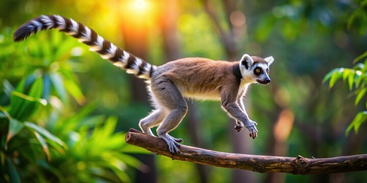 Playful ring-tailed lemur jumping from tree branch in Madagascar forest, lemur, wildlife, Madagascar, primate, cute