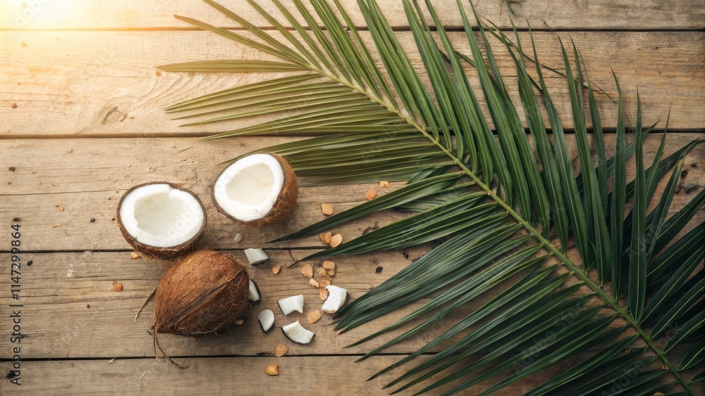 Poster a single palm leaf and coconuts on a rustic wooden background with soft, natural light