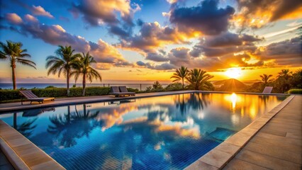 Fototapeta premium Sunset casting a warm glow over a lavish swimming pool , luxury, pool, sunset, resort, relaxation, tranquil, serene, vacation