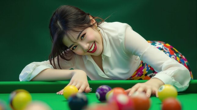 Smiling woman in a white blouse playing pool on a green table, great for leisure-themed ads.