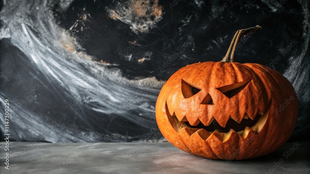 Poster a menacing jack-o-lantern with a carved grin sits on a gray surface against a dark and textured back