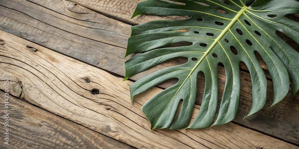 Aufkleber a large, vibrant green leaf with intricate holes rests on a weathered wooden surface, creating a str